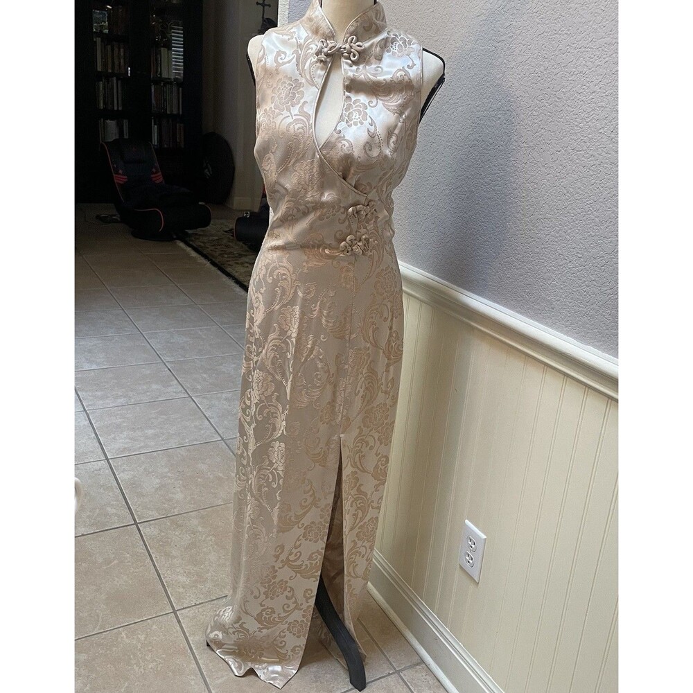 VTG 80s Niki Originals Brocade Cheongsam Maxi Gown Dress Gold Beige 14 Coquette